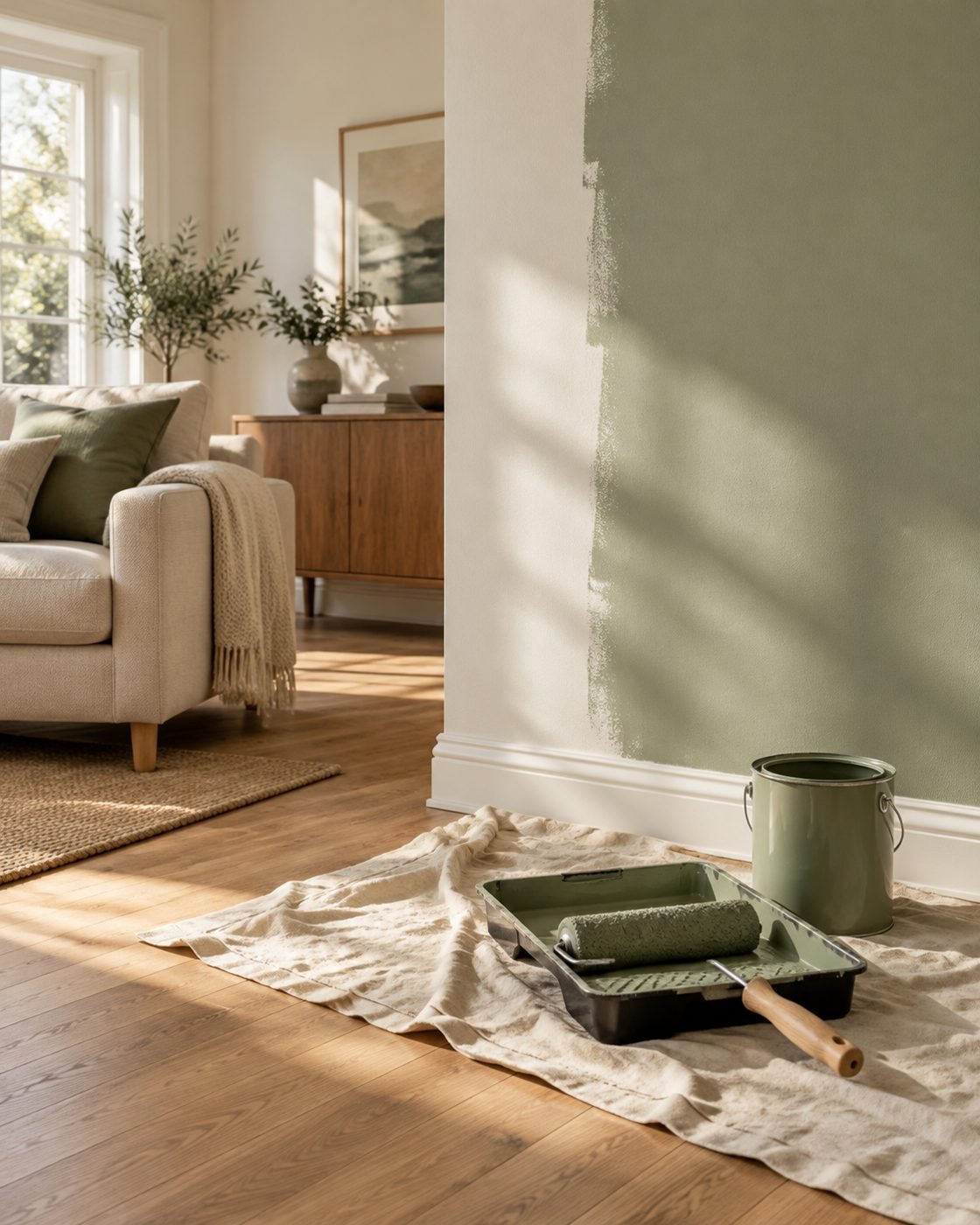 Sage-painted living room and painting tools
